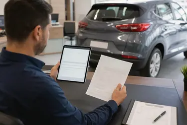 Despachante revisando documentos para licenciamento de veículo.